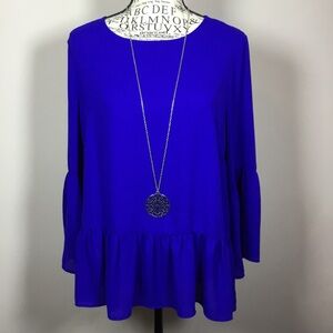 Royal blue bell sleeve top buttons at back sz S classic versatile bright bold